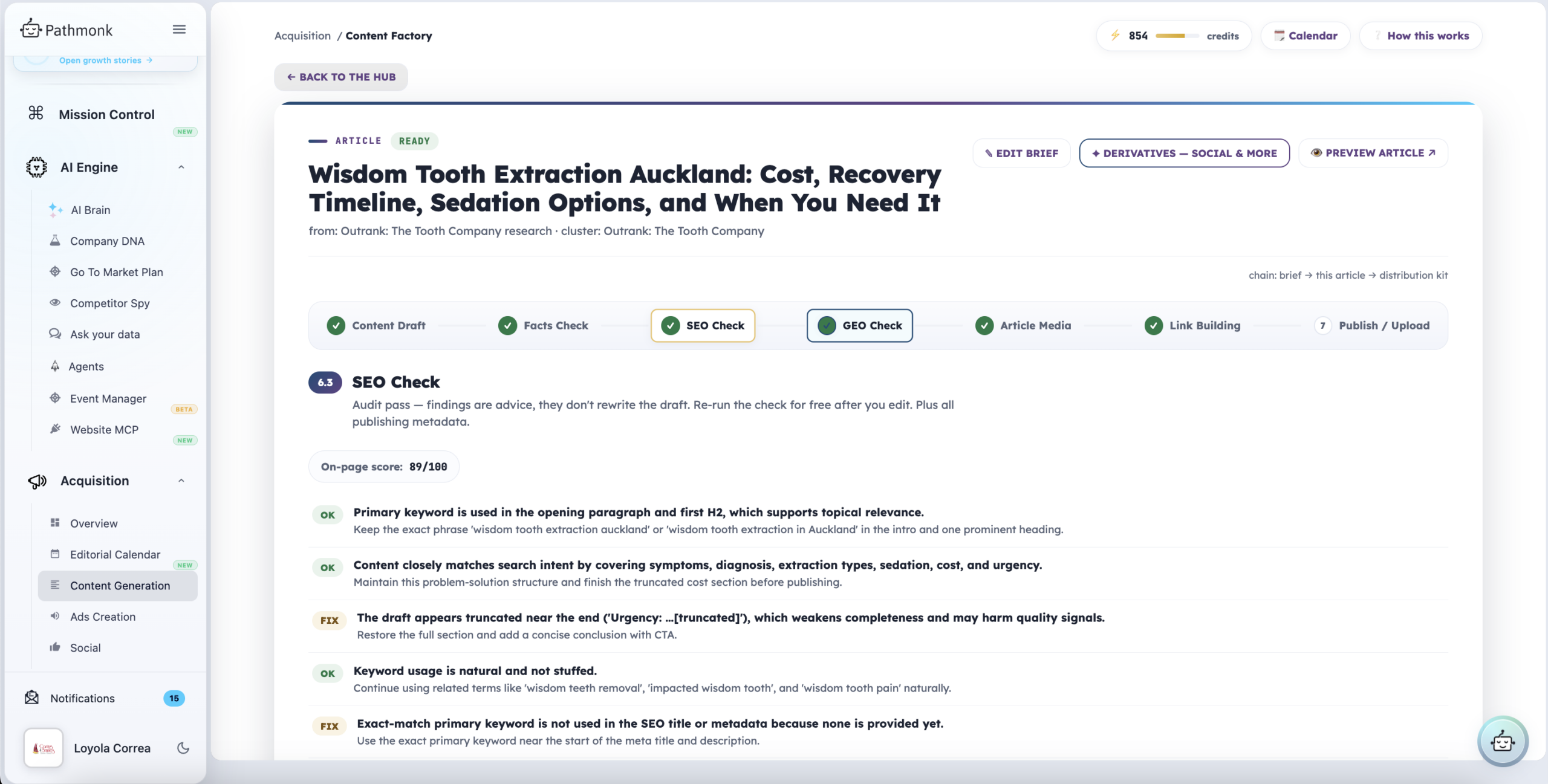 The SEO check on a Caring 4 Smiles article in Content Factory