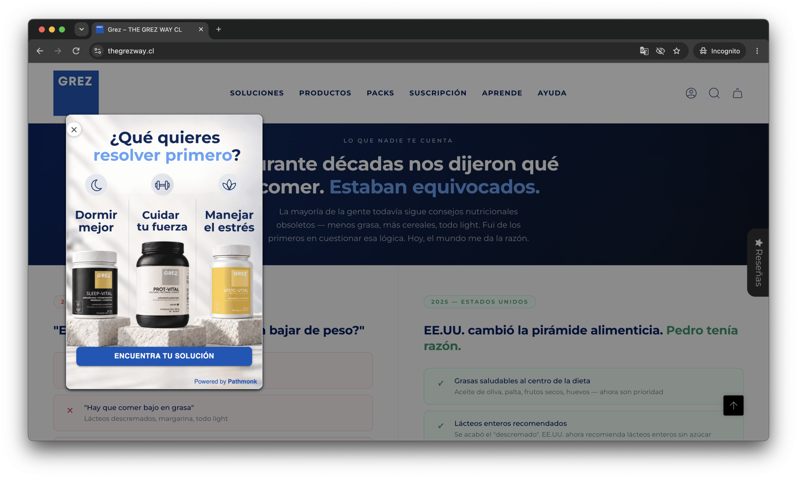 The welcome microexperience on the Grez website asking what the shopper wants to solve first